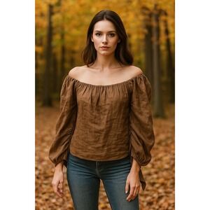 FRAME Olive Green Linen Blouse – Women's Casual Ruched Sleeve Top, Size S‎